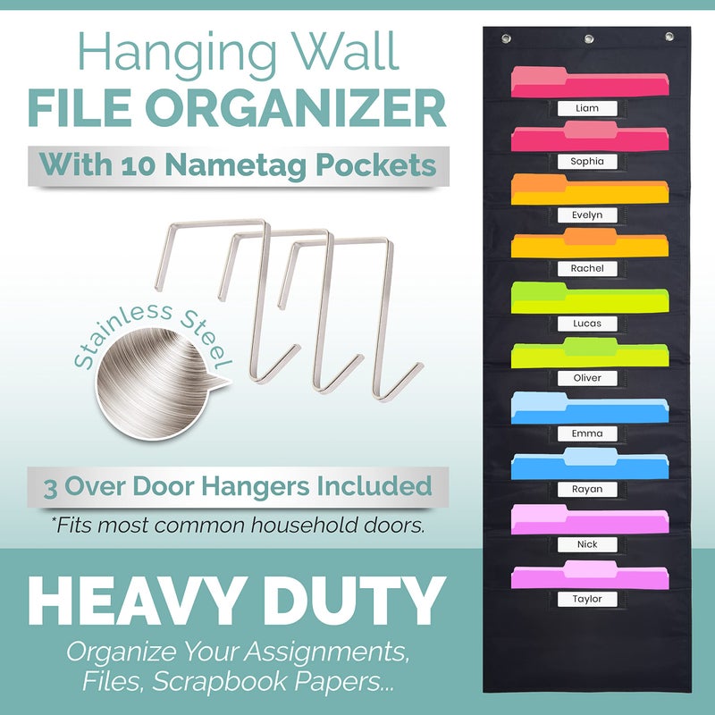 Hippo Creation Black Pocket Chart for Classroom - 10 Pocket Storage Rainbow Pocket Charts   3 Over Door Hangers Included  Hanging Wall File Organizer for File Folders  School Mailbox  Home/Office Papers - Image 5